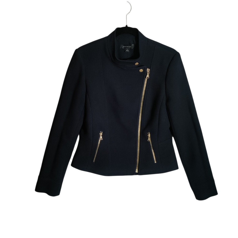 Ann Taylor Asymmetric Zip Biker Jacket Blazer Smart Chic Women's 8 Navy